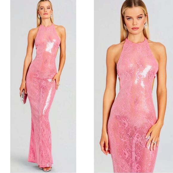 Retrofete Shivonne Sheer Floral Sequin Halterneck Paradise Pink Maxi Dress Sz L - Picture 2 of 11